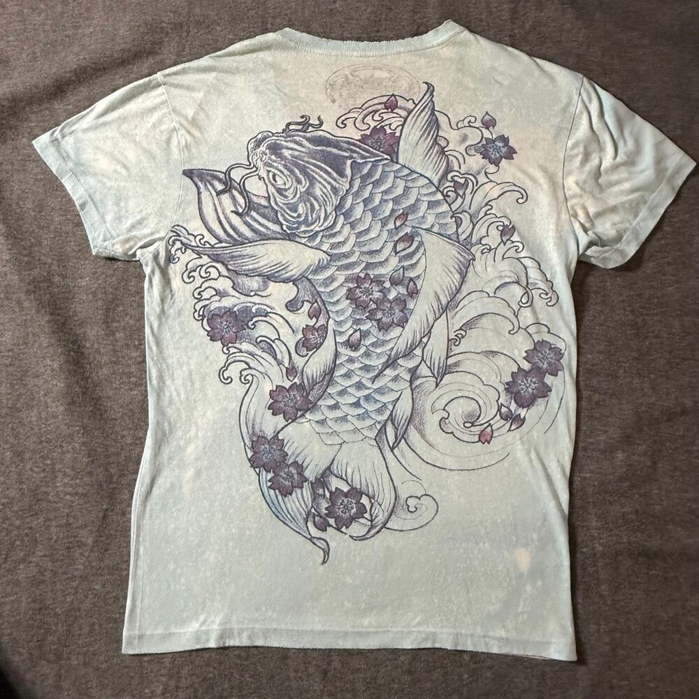 WORK Carp Koi Fish T-Shirt Men Blue White Japan Japanese Tattoo Yakuza V-Neck L - Picture 4 of 11